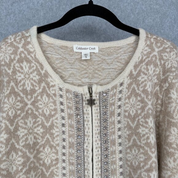 Coldwater Creek Snowflake Full Zip Cardigan Sweater Size XL Tan Wool Knit NEW - Picture 2 of 13